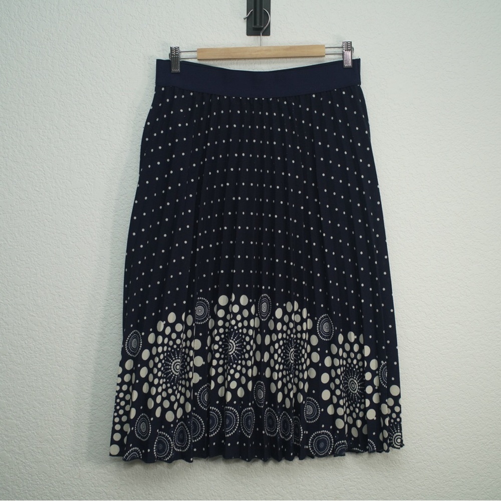 Andi + James Navy And Cream Pleated Midi Skirt, Size Large Floral Geometric